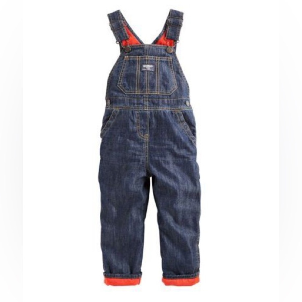 OshKosh B'gosh Baby Blue Denim Red Fleece Lined Vestbak Overalls Unisex 18M NWT